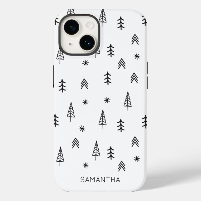 Minimalist Black White Winter Forest Pattern Name Case-Mate iPhone Case (Back)