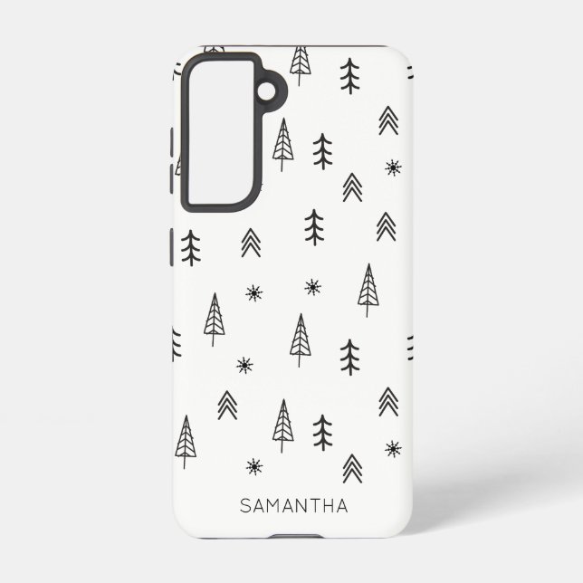 Minimalist Black White Winter Forest Pattern Name Samsung Galaxy S21 Case (Back)