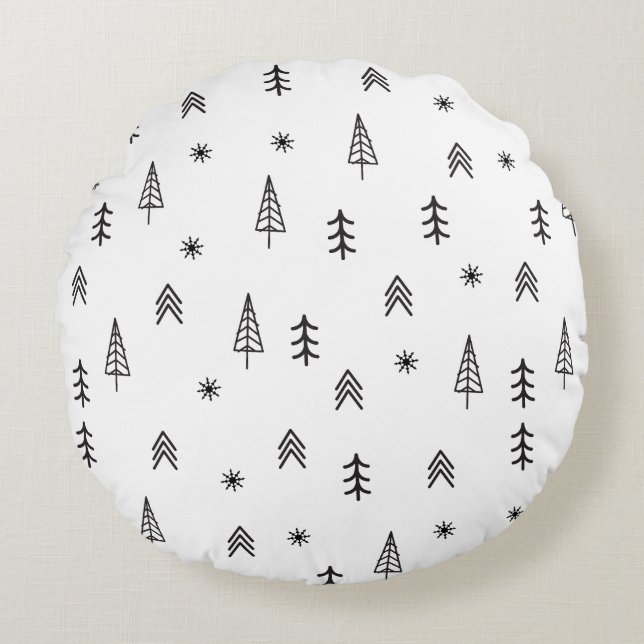 Minimalist Black & White Winter Forest Pattern Round Cushion (Front)