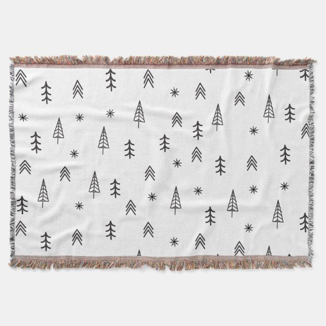 Minimalist Black & White Winter Forest Pattern Throw Blanket (Front)