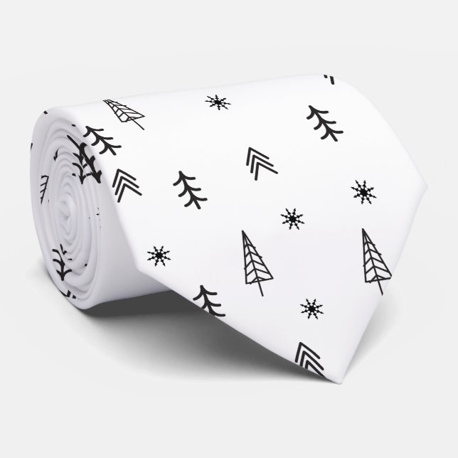 Minimalist Black & White Winter Forest Pattern Tie (Rolled)