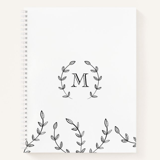 Minimalist Black & White Wreath - Custom Monogram Notebook (Front)