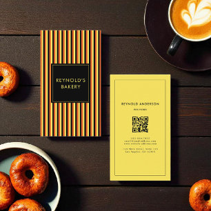 Minimalist Black & Yellow Stripes Bakery QR Code  Business Card