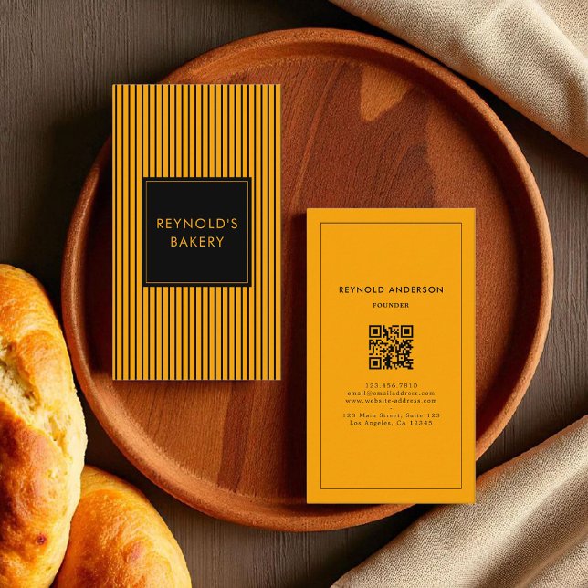 Minimalist Black & Yellow Stripes Bakery QR Code  Business Card (Creator Uploaded)