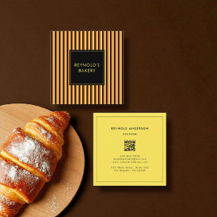 Minimalist Black & Yellow Stripes QR Code Bakery  Square Business Card