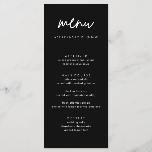 Minimalist BlaWedding Menu 4x9 Cards | Modern Menu (Front)