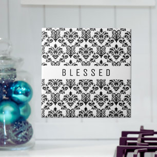 Minimalist BLESSED, black floral Tile