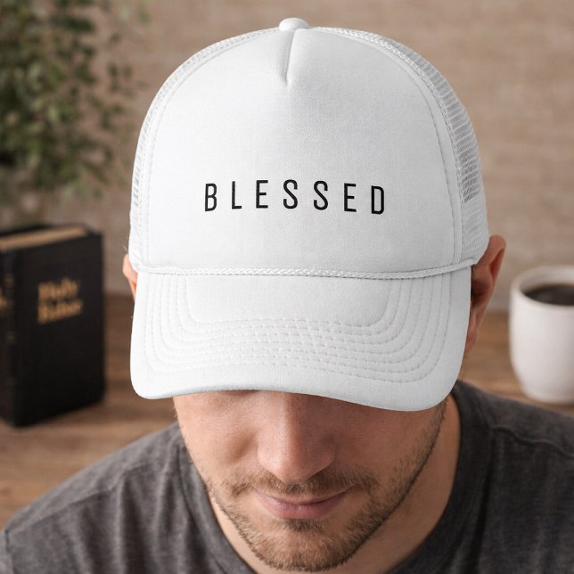 Minimalist BLESSED Text White Trucker Hat (Creator Uploaded)
