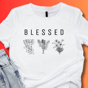 Minimalist BLESSED Three Wildflowers Black White T-Shirt