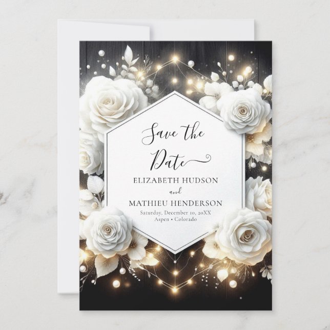 Minimalist Bloom White Roses Wedding Save The Date (Front)