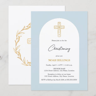 Minimalist Blue and Gold Cross Christening Invitation