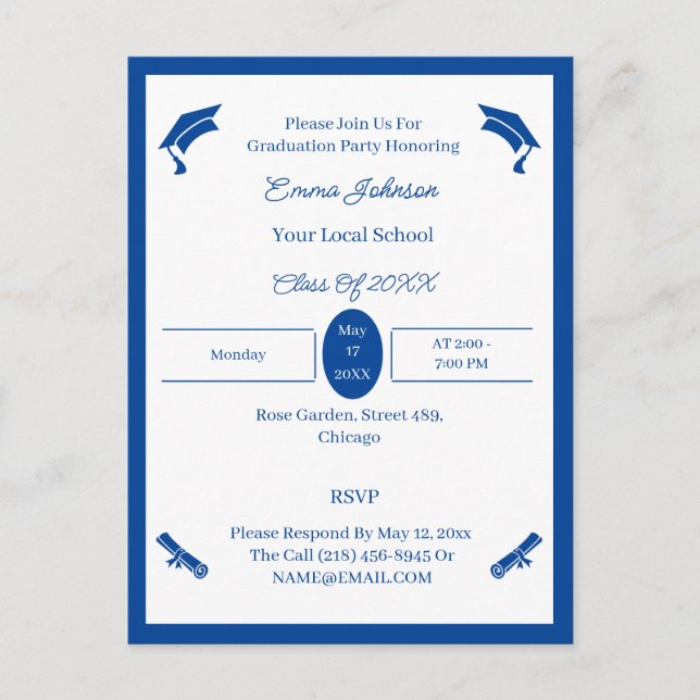 Minimalist Blue And White Custom Graduation Announcement Postcard (Front)