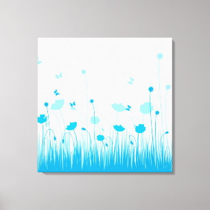 Minimalist Blue and White Poppies Meadow Floral Canvas Print