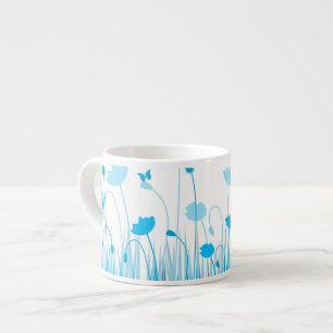Minimalist Blue and White Poppies Meadow Floral Espresso Cup