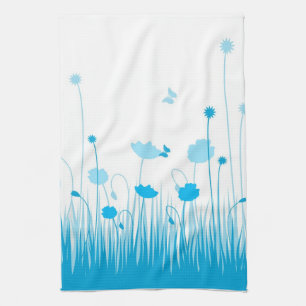 Minimalist Blue and White Poppies Meadow Floral Tea Towel