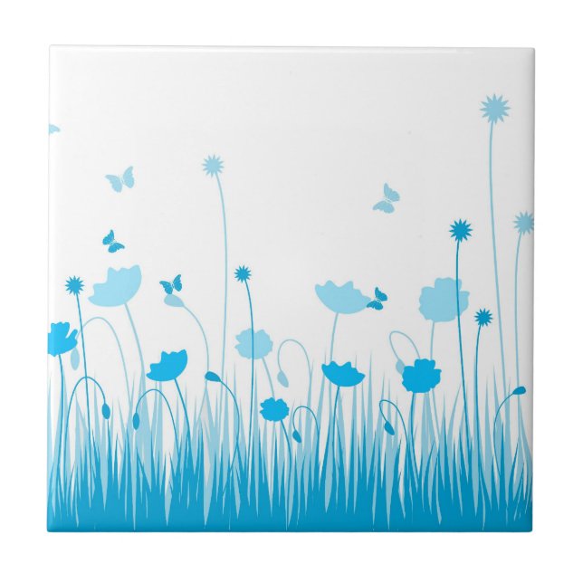 Minimalist Blue and White Poppies Meadow Floral Tile (Front)