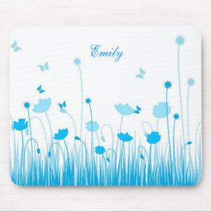 Minimalist Blue and White Poppies Meadow Name Mouse Pad