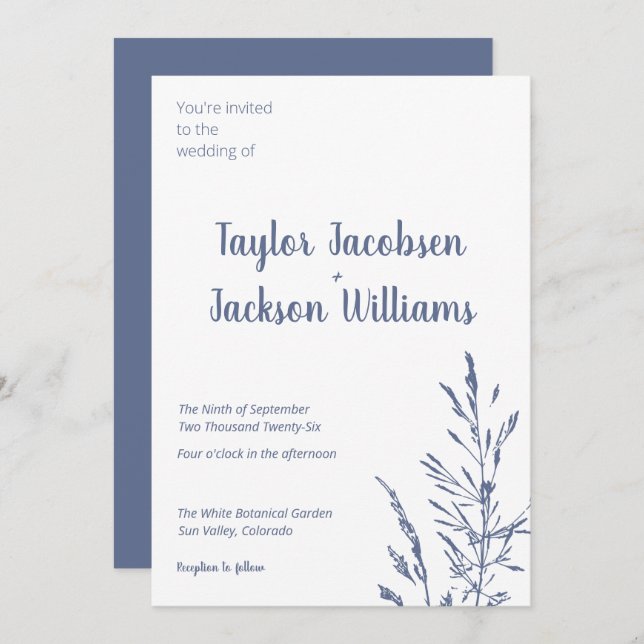 Minimalist Blue and White Wedding Invitation (Front/Back)