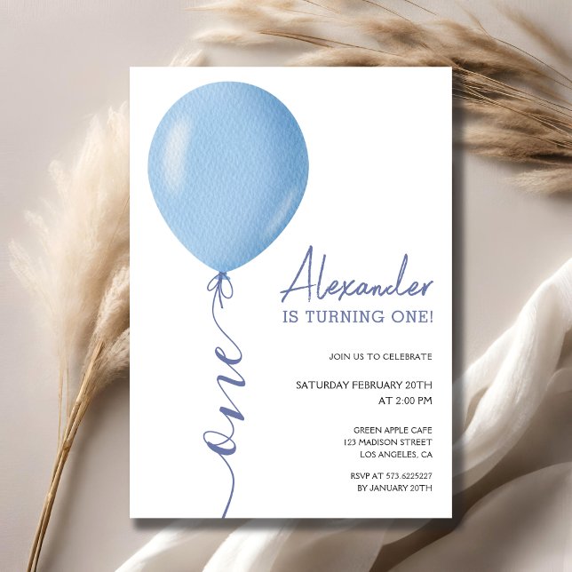 Minimalist Blue Balloon Boy 1st Birthday Invitation (Creator Uploaded)
