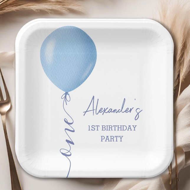 Minimalist Blue Balloon Boy 1st Birthday Paper Plate (Creator Uploaded)