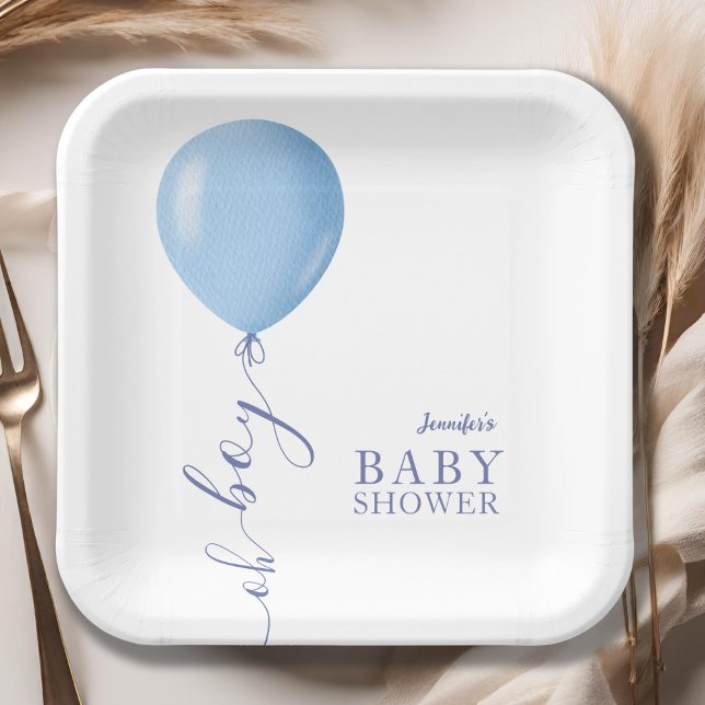 Minimalist Blue Balloon Oh Boy Baby Shower Paper Plate (Creator Uploaded)