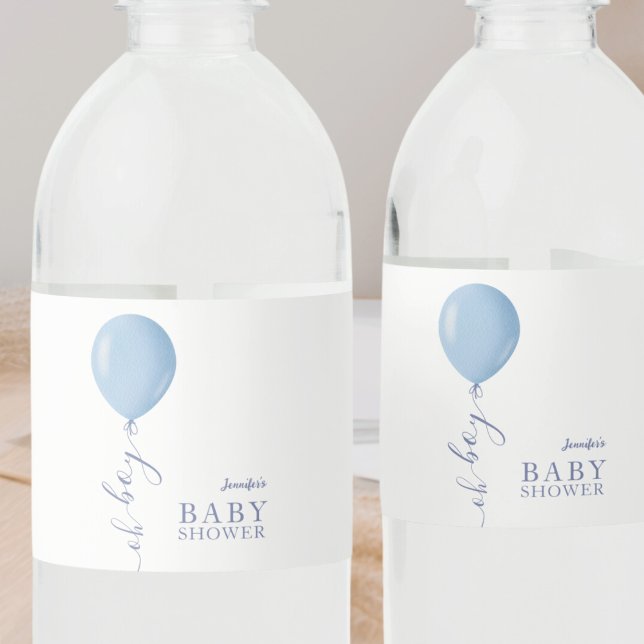 Minimalist Blue Balloon Oh Boy Baby Shower Water Bottle Label (Creator Uploaded)