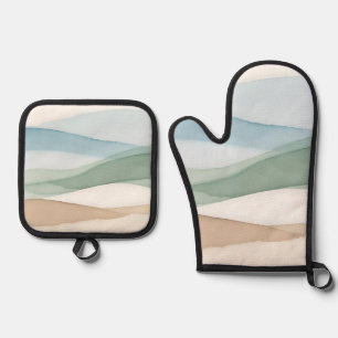 Minimalist Blue Beige Landscape Oven Mitt & Pot Holder Set