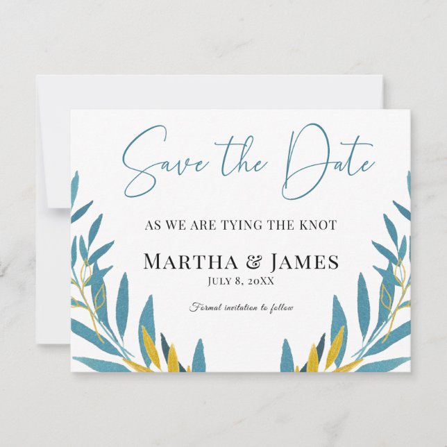 Minimalist Blue Botanical Save the Date Card (Front)