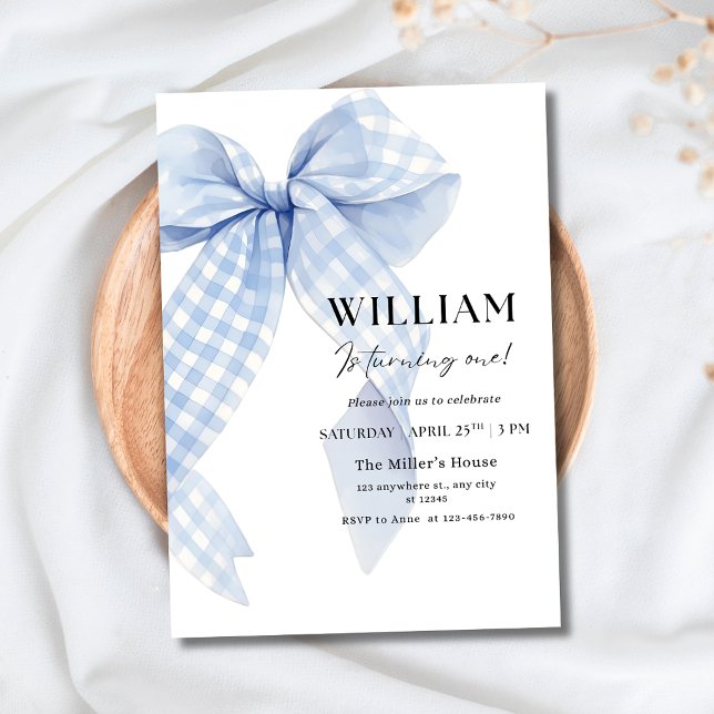 Minimalist Blue Bow First Birthday Party for Boys Invitation (Creator Uploaded)