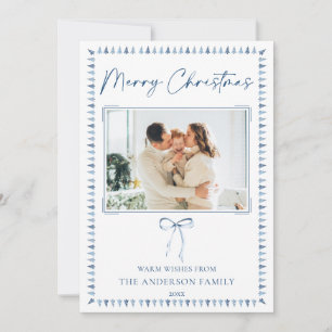 Minimalist Blue Bow Forest Trees Merry Christmas Holiday Card