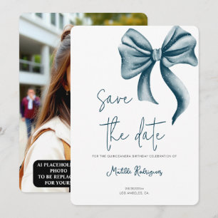 Minimalist Blue Bow Quinceañera Photo Save The Date