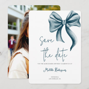 Minimalist Blue Bow Quinceañera Photo Save The Date