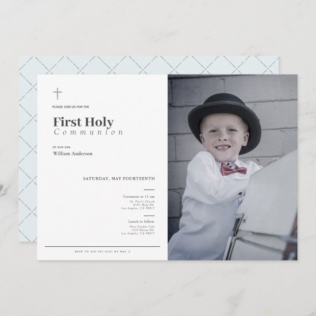 Minimalist Blue Boy Photo First Holy Communion Invitation (Front/Back)
