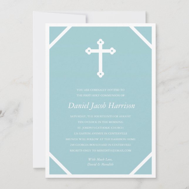 Minimalist Blue Boys First Communion Invitation (Front)