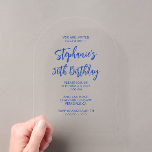 Minimalist Blue Brush Script 30th Birthday Acrylic Invitations