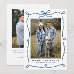 Minimalist Blue Christmas Bow Ribbon 2 Photo Holiday Card