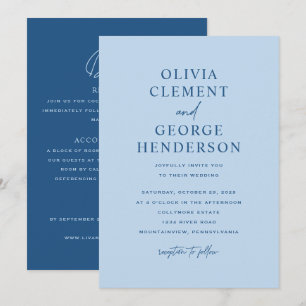 Minimalist Blue Double-Sided Wedding Invitation