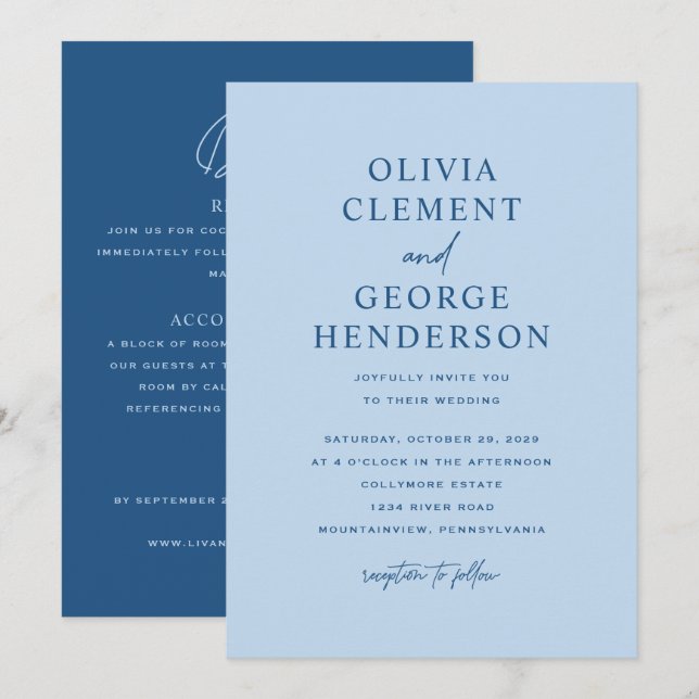 Minimalist Blue Double-Sided Wedding Invitation (Front/Back)