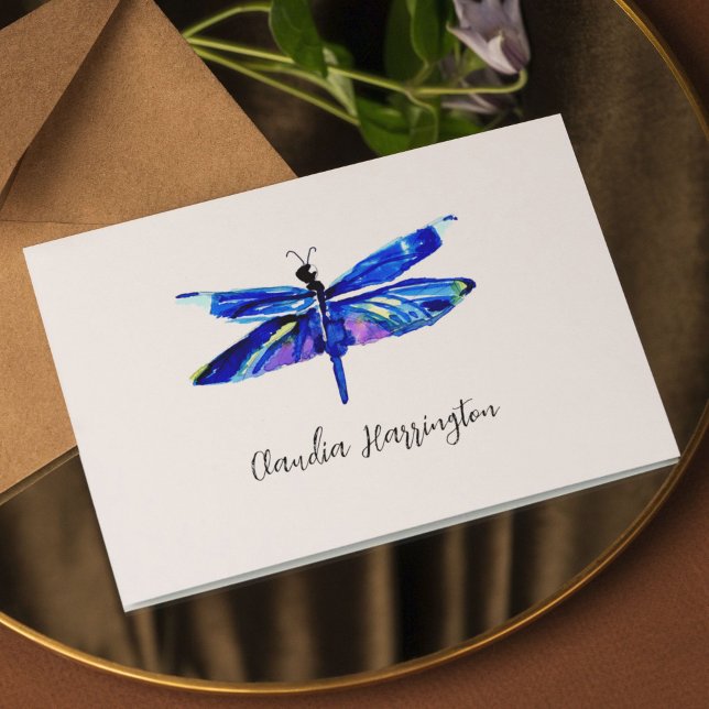 Minimalist Blue Dragonfly Elegant Nature Inspired Note Card (Your personalization goes beneath the dragonfly in chic script typography.)