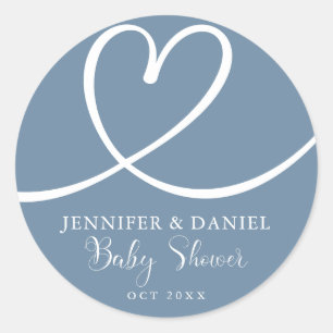 Minimalist Blue  Elegant Heart Baby Shower Classic Round Sticker
