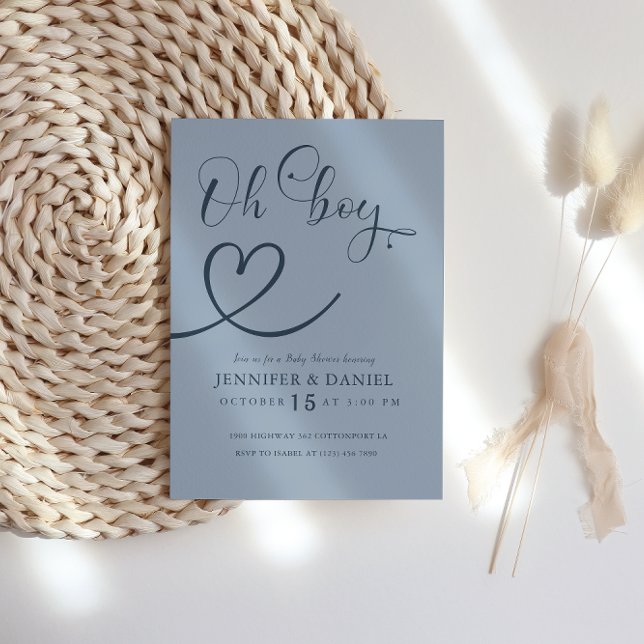 Minimalist Blue Elegant Heart Oh Boy Baby Shower Invitation (Creator Uploaded)