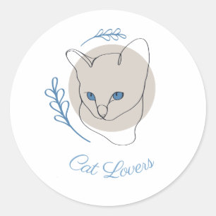 Minimalist Blue Eyed Cat Line Art Classic Round Sticker