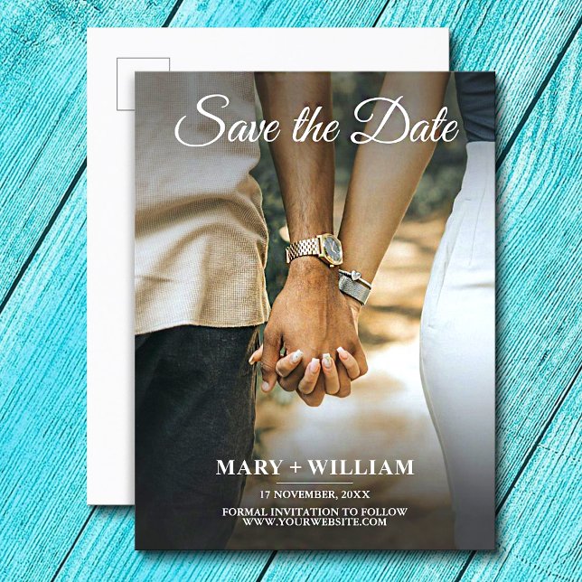 Minimalist blue fall photo wedding Save The Date Announcement Postcard (Creator Uploaded)