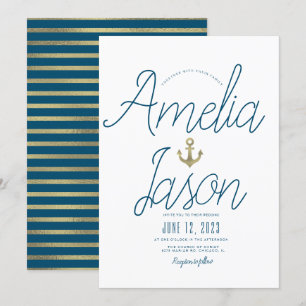 Minimalist Blue  Faux Foil Script Nautical Wedding Invitation