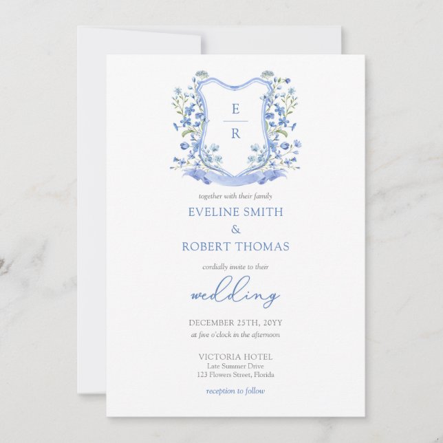 Minimalist blue floral crest monogram wedding invitation (Front)