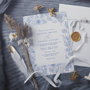 Minimalist Blue Floral Elegant Modern Chic Wedding Invitation