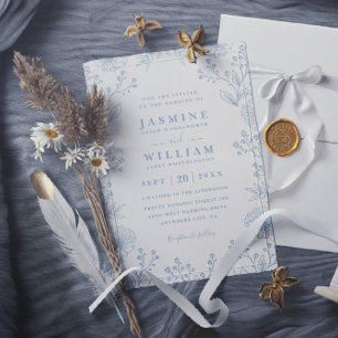 Minimalist Blue Floral Elegant QR Code Wedding Invitation
