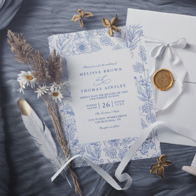 Minimalist Blue Floral Elegant QR Code Wedding Invitation (Creator Uploaded)