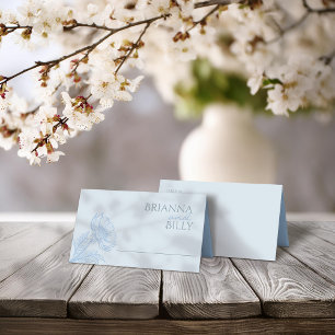 Minimalist Blue Floral Folded Wedding Place Card