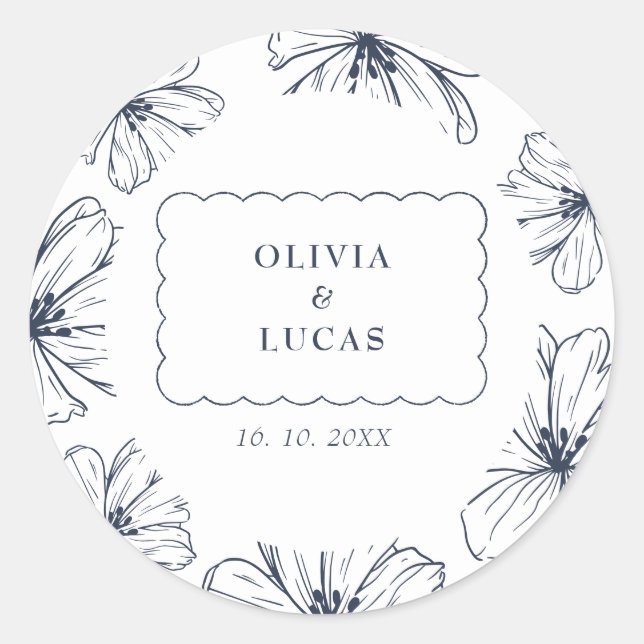Minimalist Blue Floral Wave Frame Wedding Classic Round Sticker (Front)